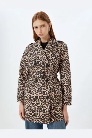 Koton Double Breasted Belted Leopard Patterned Trench Coat