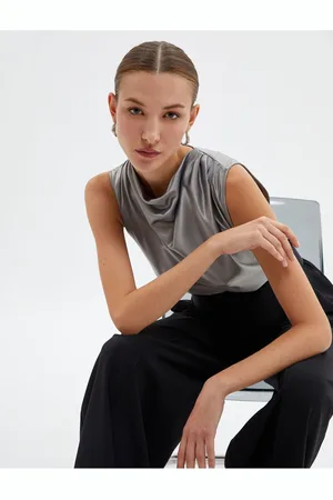 Koton Satin Turndown Collar Blouse Sleeveless Metallic Look