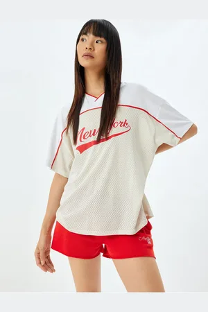 Koton Oversize Mesh T-Shirt V Neck College Printed Short Sleeve