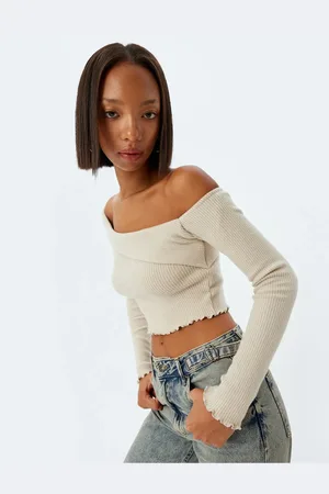 Koton Crop T-Shirt Long Sleeve Camisole Asymmetric Collar Ruffle Detail Slim Fit