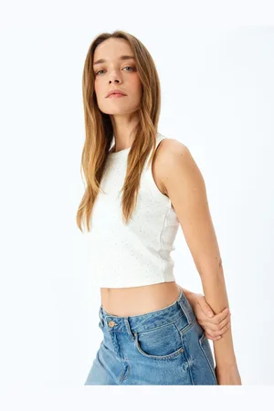Koton Stone Detailed Barter Neck Sleeveless Scuba Fabric Crop Blouse