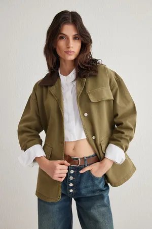 Trendyol Khaki Contrast Oversize with Ribbed Collar and Pocket Flap Detail Denim Shirt Jacket