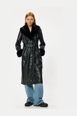 Koton Faux Leather Long Trench Coat with Pockets, Belted Collar and Faux Für Detail