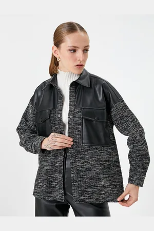 Koton Oversize Tweed Jacket with Faux Leather Detail and Flap Pockets