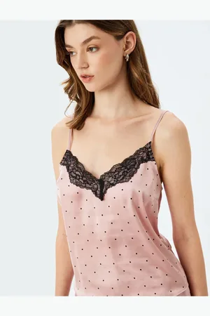 Koton Lace Detailed Strapless V Neck Polka Dot Satin Pajama Top