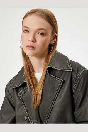 Koton Long Trench Coat Leather Look Belted Button Detailed Pocket