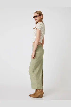Koton Midi Pencil Skirt High Waist Slit Detail Textured