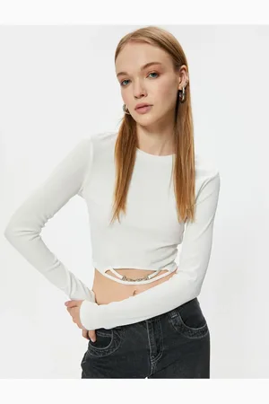 Koton Long Sleeve T-Shirt Crop Chain Detailed Crew Neck
