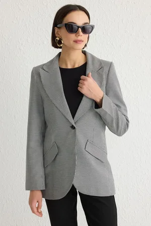 Trendyol Black Goosefoot Patterned Polyviscon Blazer Jacket