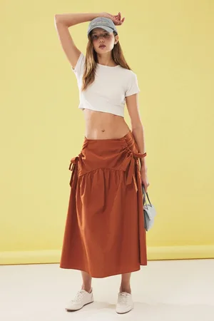 Trendyol Mink Poplin Cotton Fabric Maxi Length Woven Skirt with Loose Fit from the Hips