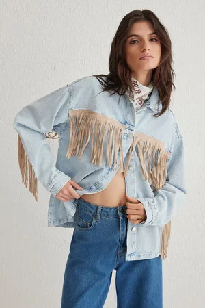 Trendyol Light Blue Suede Tassel Oversize Denim Jacket