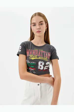 Koton Crop College T-Shirt Short Sleeve Crew Neck Cotton