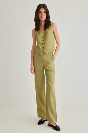 Trendyol Oil Green Modal Soft Touch Regular Vest Wide Leg Trousers Woven Bottom-Top Set