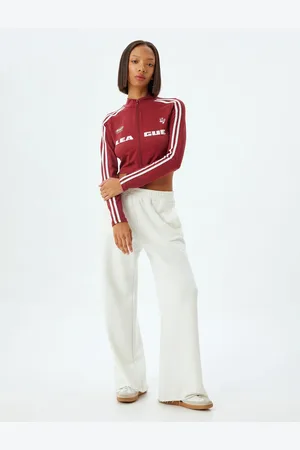 Koton Crop T-Shirt Zippered Long Sleeve College Printed Stand Collar Piping Slim Fit