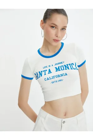 Koton Crop College T-Shirt Short Sleeve Crew Neck Piping Cotton