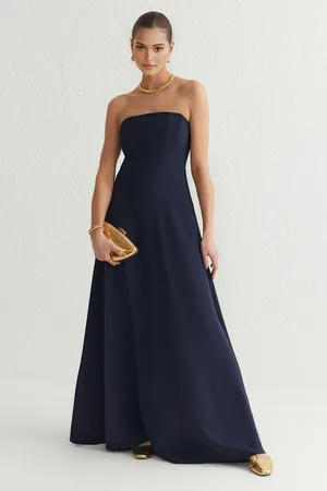 Trendyol Navy Blue A-Line Strapless Long Elegant Evening & Graduation Dress