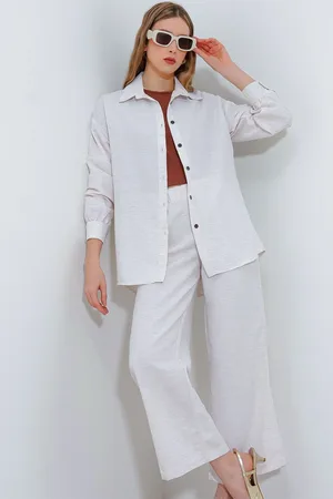 Bigdart T6624 Wide Leg Linen Bottom Top Set - Cream