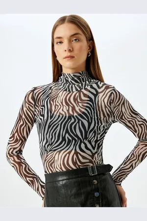 Koton Slim Fit Long Sleeve Stand Collar Zebra Patterned Tulle Transparent T-Shirt
