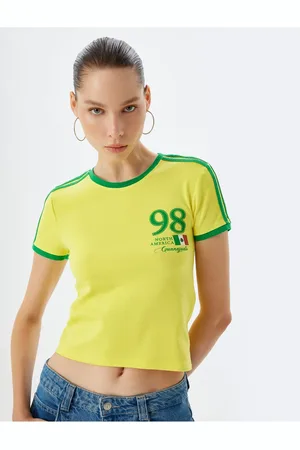Koton Crop T-Shirt Crew Neck Slogan Printed Piping Short Sleeve