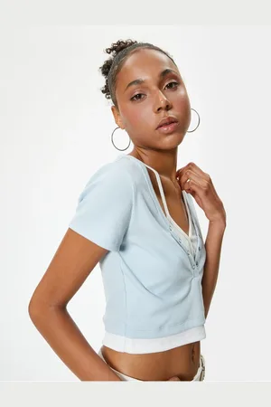 Koton Crop T-Shirt V-Neck Camisole Buttoned Short Sleeve