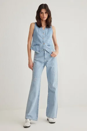 Trendyol Light Blue Floral Embroidered High Waist Wide Leg Jeans