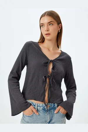 Koton Bow Tie Front T-Shirt Long Sleeve Textured