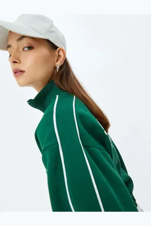 Koton Printed Back Stand Collar Zippered Piping Raised Oversize Crop Sweatshirt