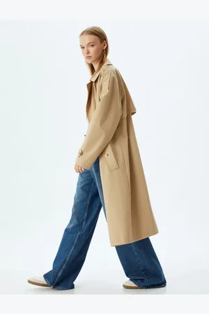 Koton Oversize Trench Coat Double Breasted Collar Epaulette Buttoned Pocket Detail