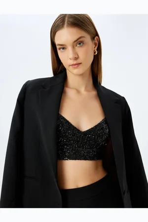 Koton Crop Evening Blouse Sequined Rope Strap V Neck Slim Fit