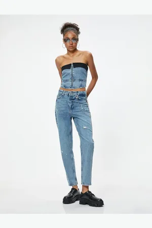 Koton Ripped Denim Trousers Standard Waist Chain Detailed Pocket Cotton - Mom Jean
