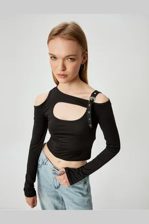 Koton Long Sleeve T-Shirt Crop Window Detail Belted