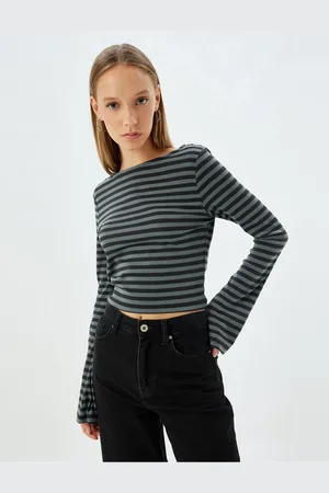 Koton Crop T-Shirt Long Sleeve Boat Neck Slim Fit