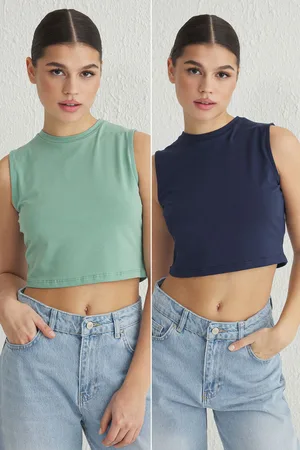Trendyol Navy Blue-Green 2-Pack Sleeveless Crop Cotton Stretch Knit Tank Top
