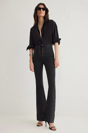 Trendyol Black Eyelet Tie Detail High Waist Flare Jeans