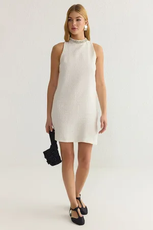 Trendyol Ecru Plain A Cut Stone Accessory Mini Woven Dress