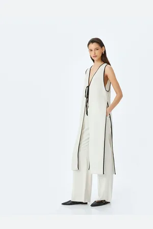 Koton Linen Blend Front Tie Detail Long Sleeveless Vest