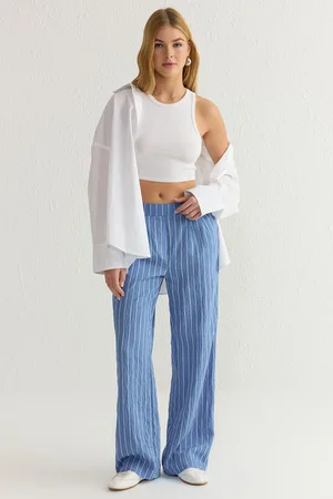 Trendyol Blue Striped Crinkle Regular Waist Wide Leg Woven Trousers