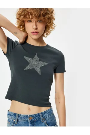 Koton Short Sleeve T-Shirt Crew Neck Stone Detailed Star Printed Slim Fit