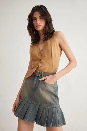 Trendyol Blue Faded Effect Vintage Pleated Mini Denim Skater Skirt