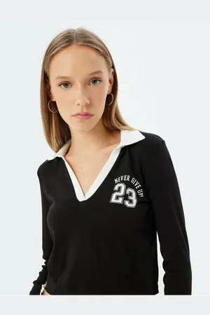 Koton Polo Neck T-Shirt Crop Long Sleeve College Printed Piping Slim Fit