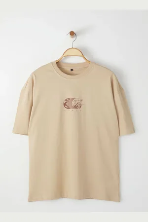 Trendyol Mink Oversize/Wide Cut Printed 100% Cotton T-Shirt