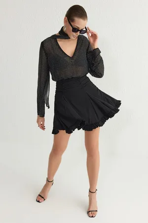 Trendyol Black Ruffle Lined Tulle Knitted Mini Skirt