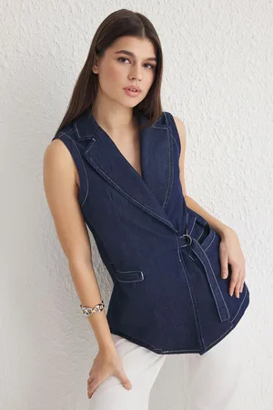 Trendyol Dark Blue Double Breasted Tie Detail Jacket Collar Denim Vest