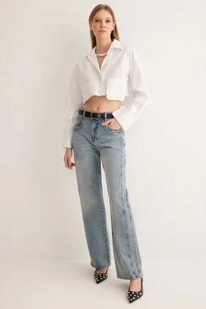 Trendyol Blue Stitch Detail Normal Waist Wide Leg Jeans
