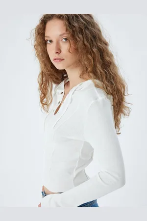 Koton Long Sleeve T-Shirt Hooded Ribbed Snap Button Detail Cotton
