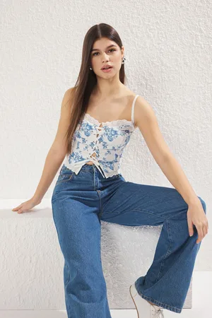 Trendyol Blue Strappy Floral Patterned Crop Blouse Woven Blouse