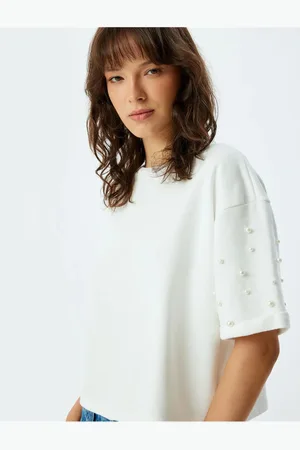 Koton Three Thread Non-raising Crew Neck Pearl Embroidery Detail Short sleeve T-shirt