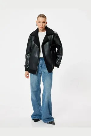 Koton Faux Leather Biker Jacket with Fur Collar, Hip Length Zipper, Comfortable Fit