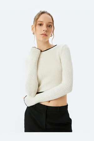 Koton Crop Crew Neck Trim Textured Long Sleeve T-Shirt