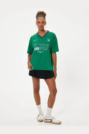 Koton V-Neck T-Shirt Oversize College Printed Short Sleeve Piping